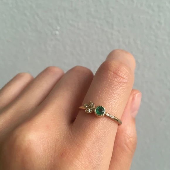 Emerald Kiss Bezel Set Green CZ Gold Ring, 18k Gold-Plated S925, Adjustable - Picture 1 of 8